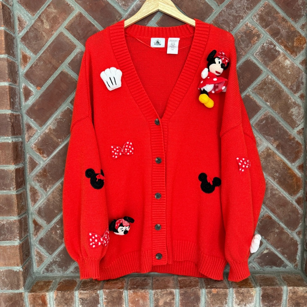 Disney Minnie Mouse Cardigan Women 1X Red Crochet 3D Plush Bows Knit Sweater